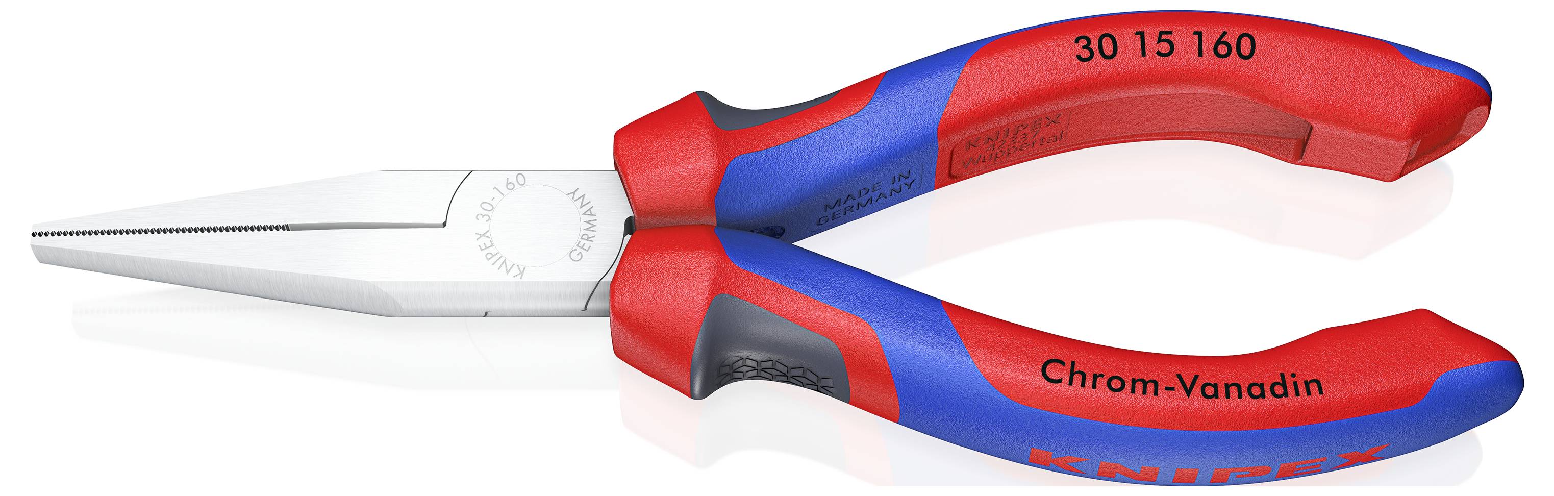 A red and blue pair of pliers with 'Chrome-Vanadium' written on the handle. Suitable for precise gripping and cutting tasks.