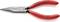 Red pointed pliers with a long, serrated grip and plastic handles for precise gripping in narrow areas.