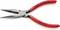 A red needle-nose pliers with long, slender jaws and serrated gripping surfaces, suitable for precise work in electronics or craftsmanship.