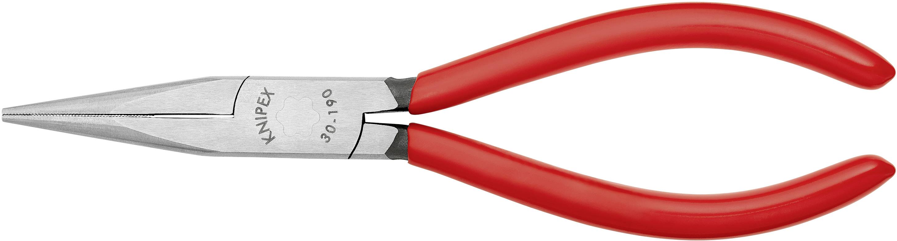 A flat-nose pliers with red handles, suitable for gripping and cutting wires.