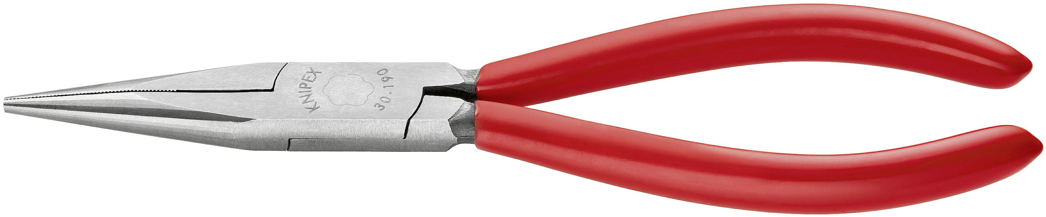 Red round pliers with a long, narrow metal head and ribbed handles, suitable for gripping and bending wire and small parts.