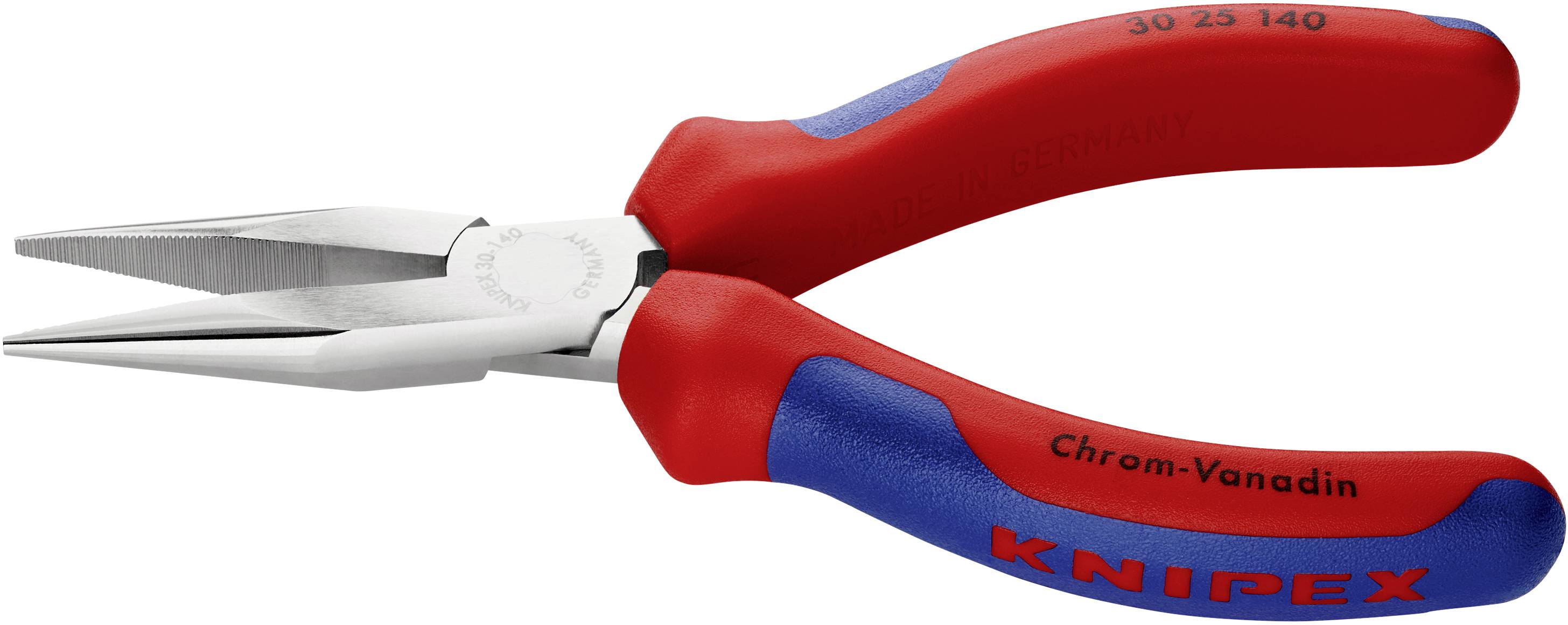Red and blue flat pliers with insulated handles, suitable for precise gripping and cutting. 'Knipex' marking on handle.