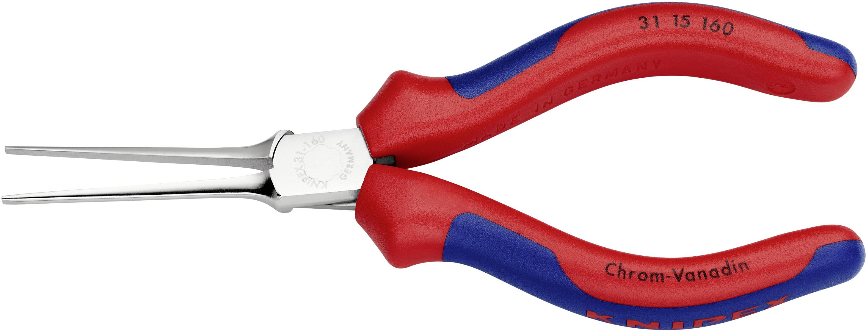 Red and blue precision needle-nose pliers with slender, straight jaws made of chrome vanadium steel, suitable for fine craftwork.