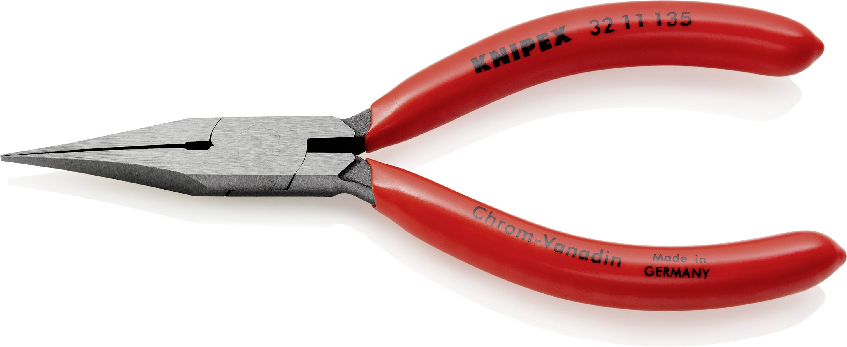 Red pointed pliers with metal tips and inscription 'Chrome-Vanadium', 'Made in Germany', 'KNIPEX'.