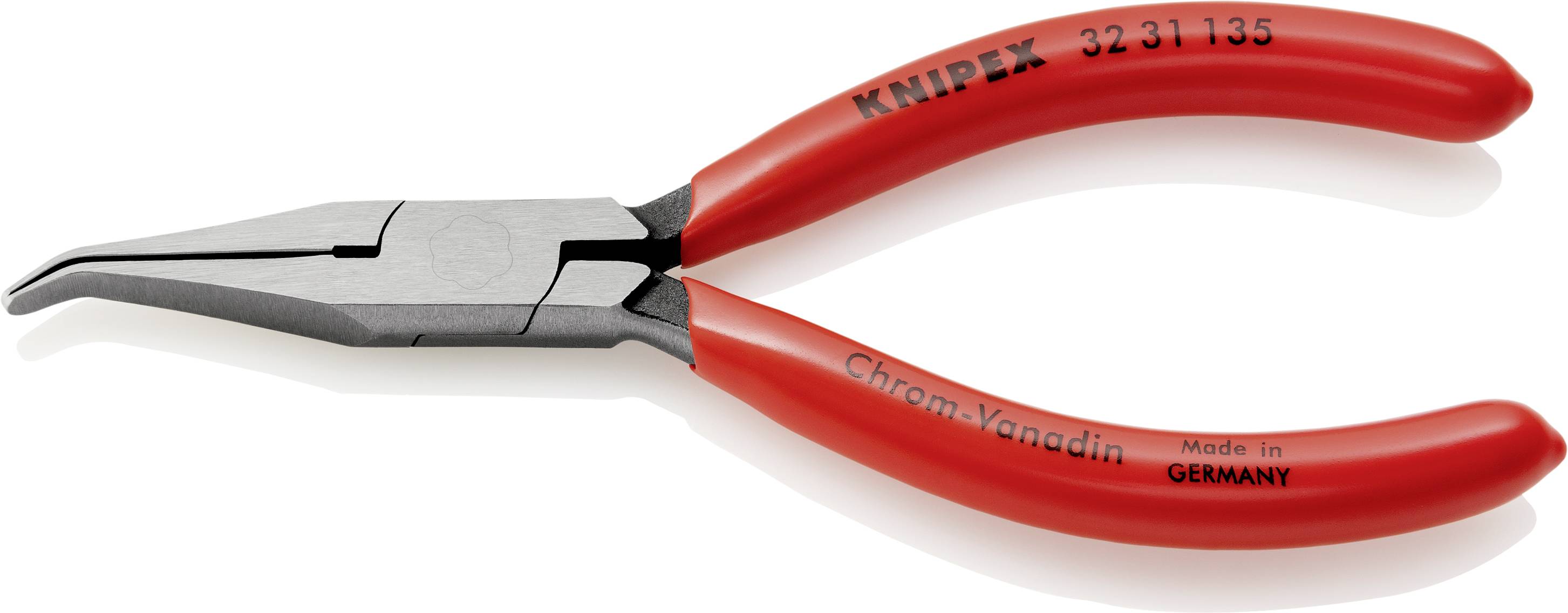 Red Knipex needle-nose pliers with curved jaws, marked with 'Chrome Vanadium Made in Germany'. Suitable for precise gripping and cutting.