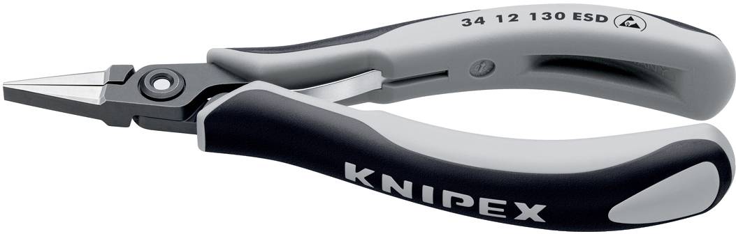 Side cutters with black and grey handle, brand 'Knipex', model number '34 12 130 ESD', visible to the left of a point.