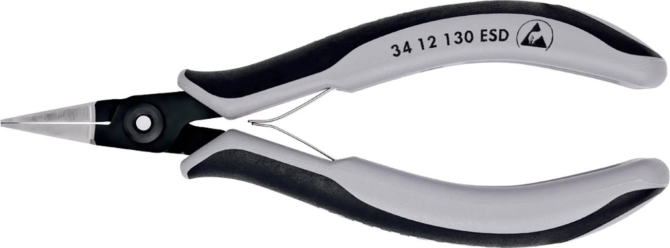 A black and grey needle-nose pliers, positioned sideways, with the inscription '34 12 130 ESD' on the handle.