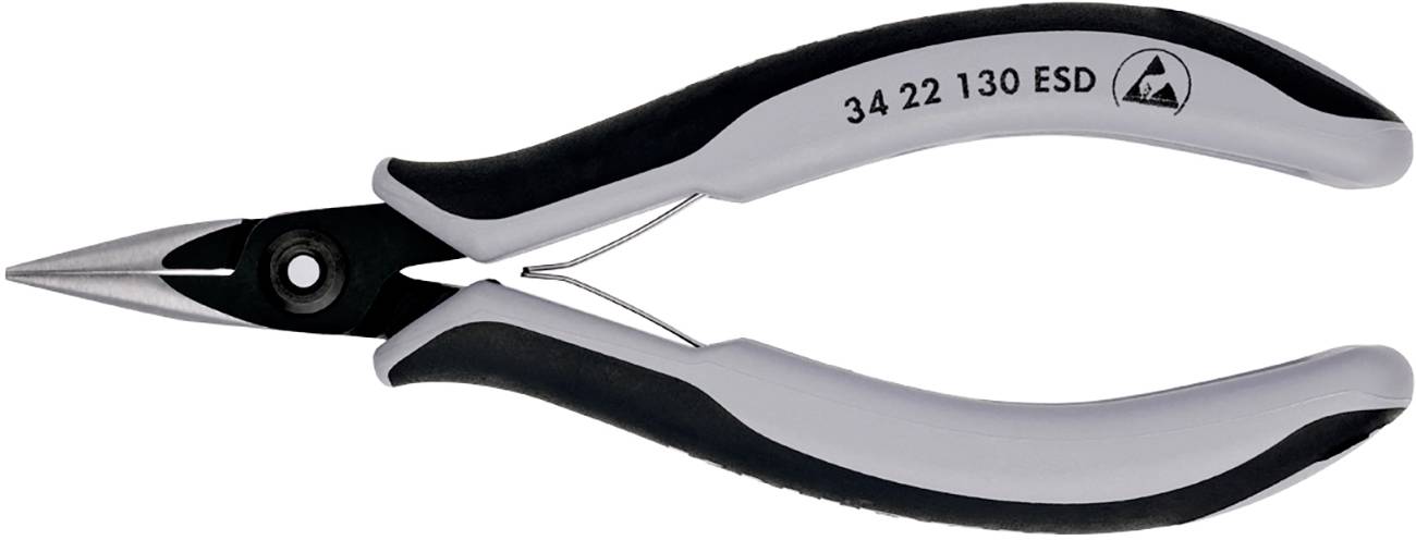 A black and grey precision needle-nose pliers with the inscription '34 22 130 ESD' on the side, specifically designed for electrostatic discharge.