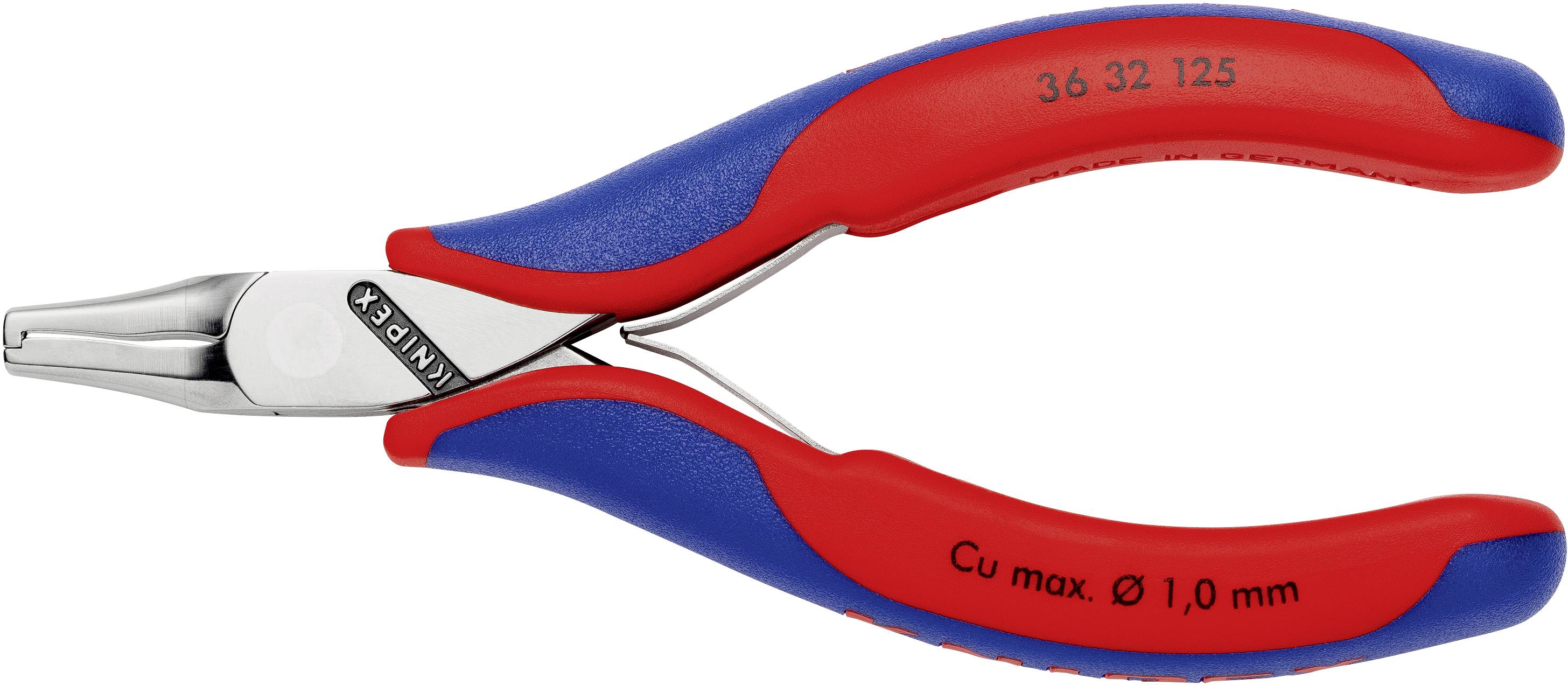 A red and blue pair of pliers, suitable for working with copper wires up to 1.0 mm thick. Brand name visible on the handle.