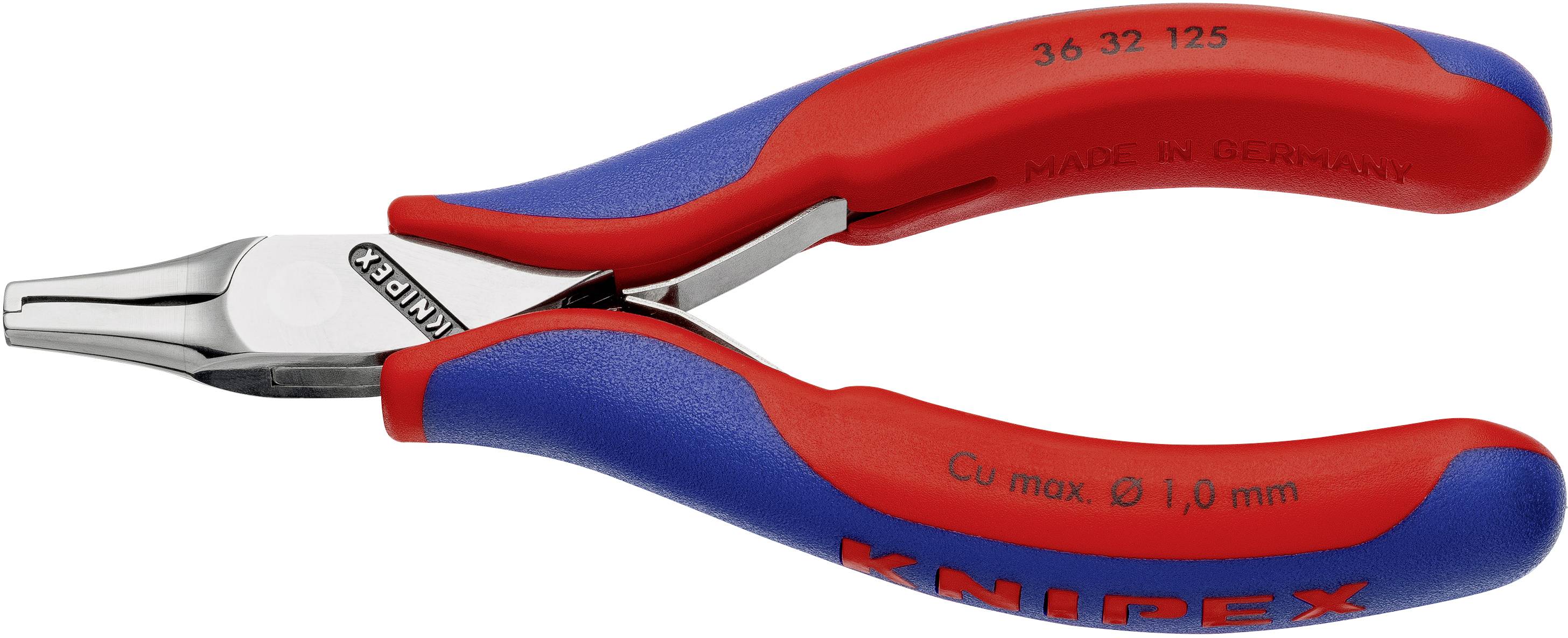 Red and blue pliers with labels 'Knipex', '36 32 125', 'Cu max Ø 1.0 mm'. Suitable for cutting thin wires.