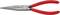 Red flat round-nose pliers with tapered gripping jaws and metal head, suitable for fine gripping and cutting work.