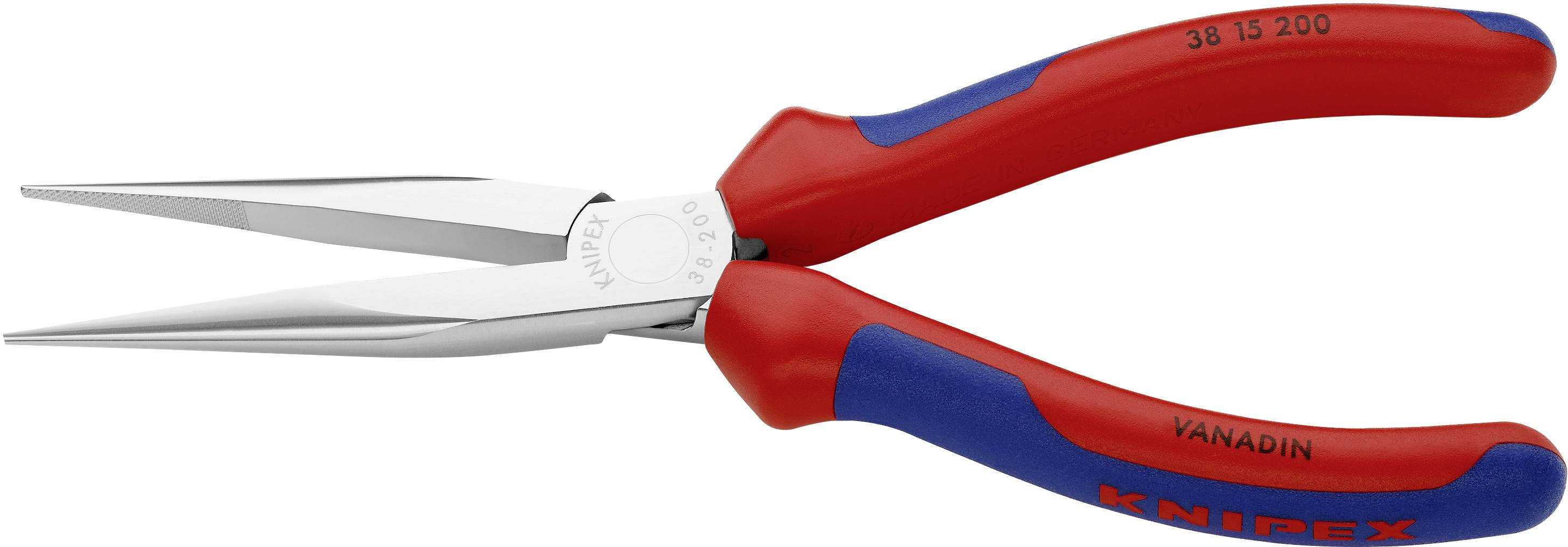 Needle-nose pliers with red and blue handles, suitable for precision work in areas with hard-to-reach locations.