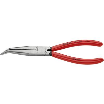 Red flat round-nose pliers with curved tips, suitable for gripping, holding and cutting wires and other materials.