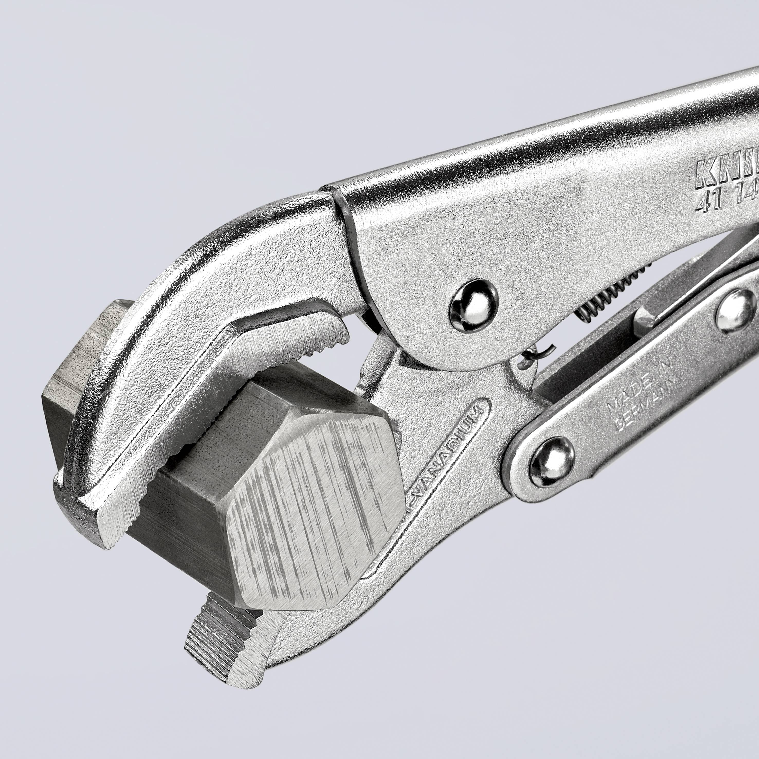 A silver pipe wrench grips a hexagonal, metallic bolt. The wrench is pictured against a light grey background.