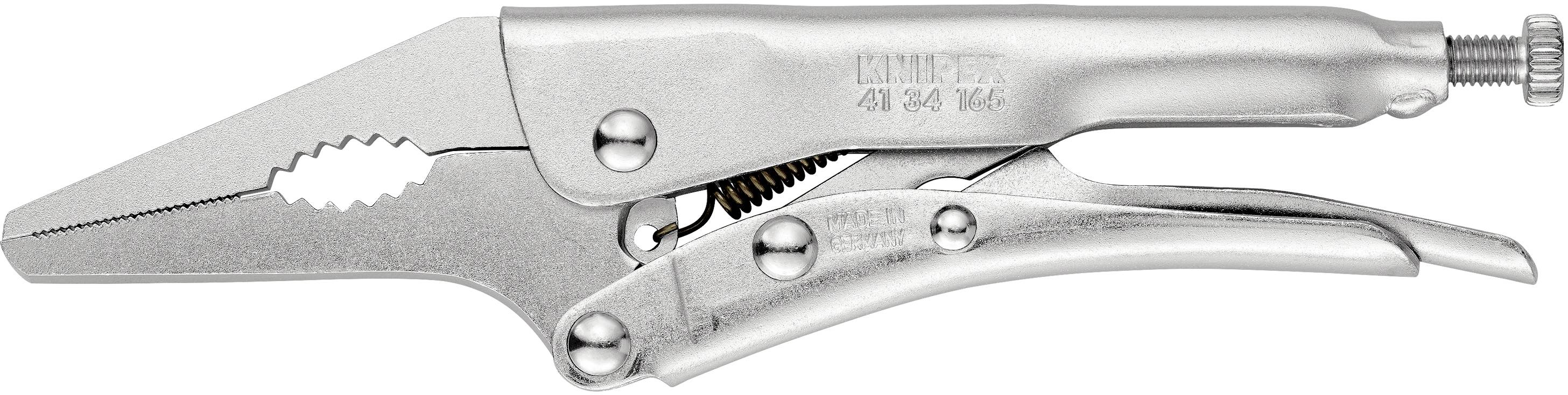 Silver gripper tongs with adjustable screw for pressure adaptation. Ideal for holding objects with different shapes and sizes.