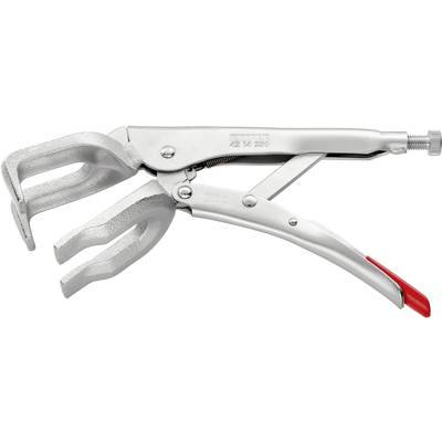 A silver precision grip tool with three V-shaped jaws, suitable for precise holding. It has a red accent on the handle.