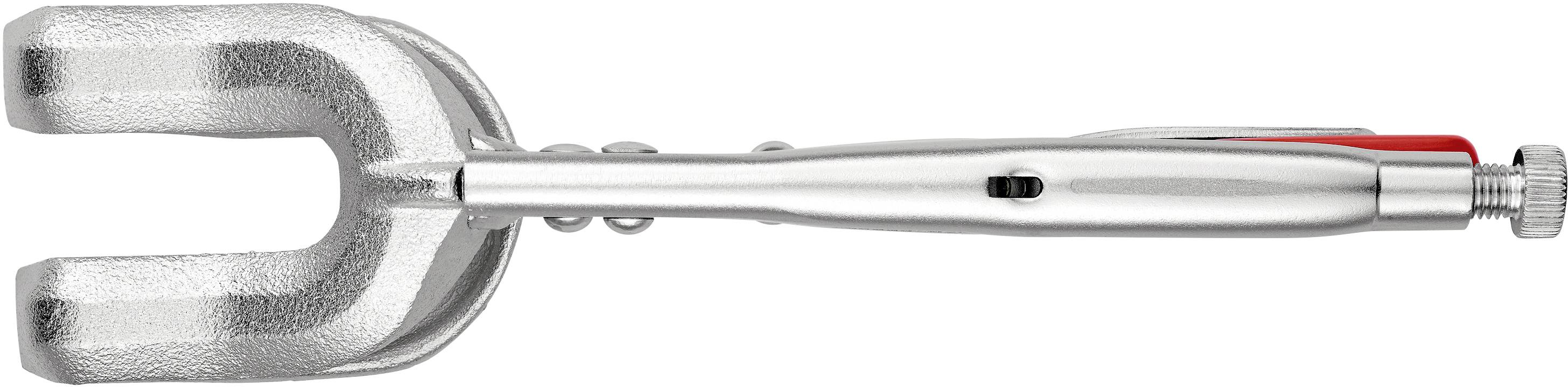 A silver-coloured adjustable spanner with a forked head. It is designed for fastening or adjusting objects.