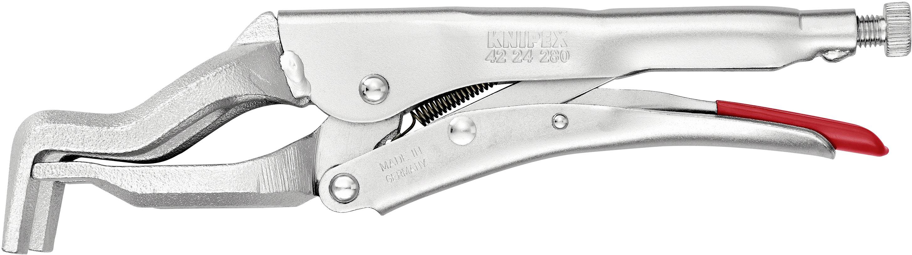 A silver pair of pliers with a red handle on the right side. The upper handle displays an embossed number and manufacturer details.