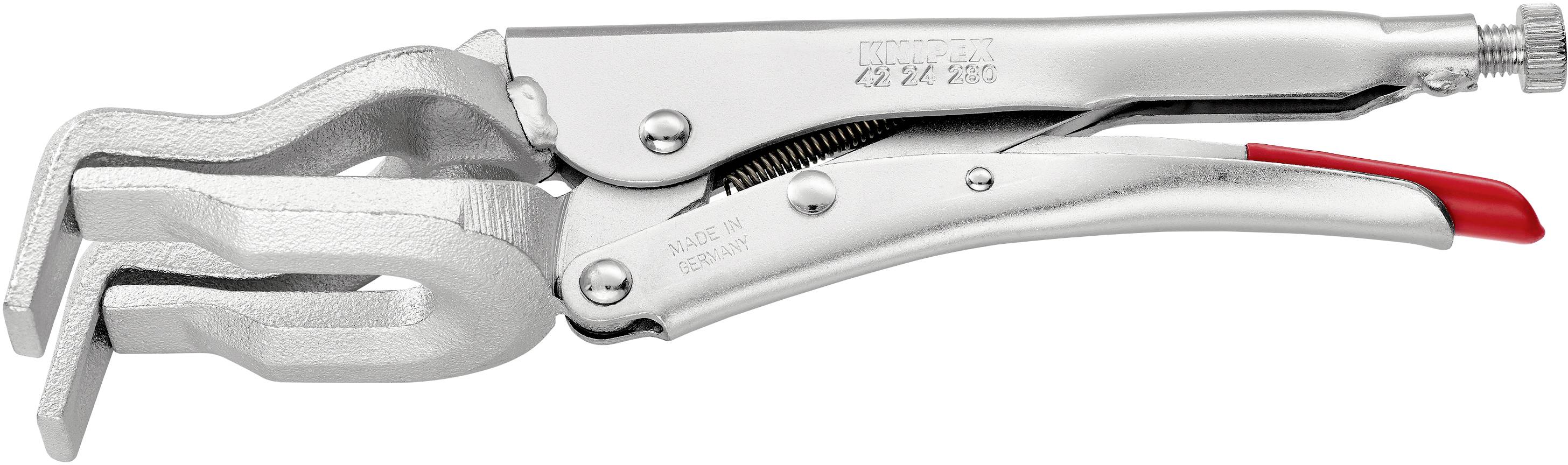 Grip tongs with a silver metal body and red handle. They have a serrated gripping surface and are used for holding objects.