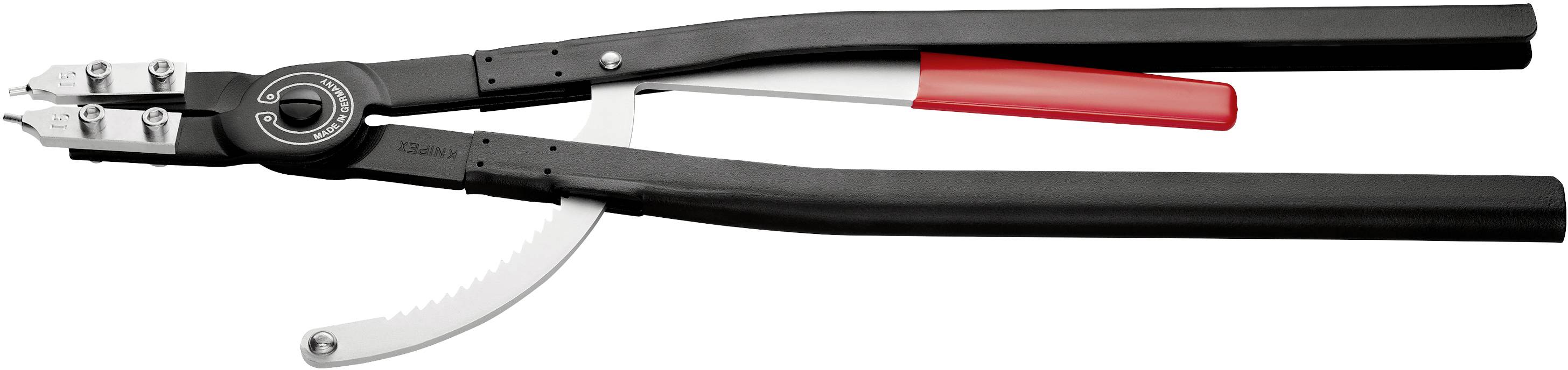 Pliers with a black handle and red lever, specifically designed for the installation of cable ties.