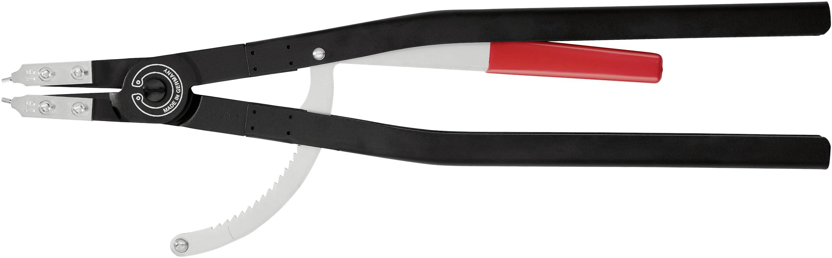 A pair of pliers with black handles and a red lever. They have a serrated mechanism and are suitable for precise gripping.