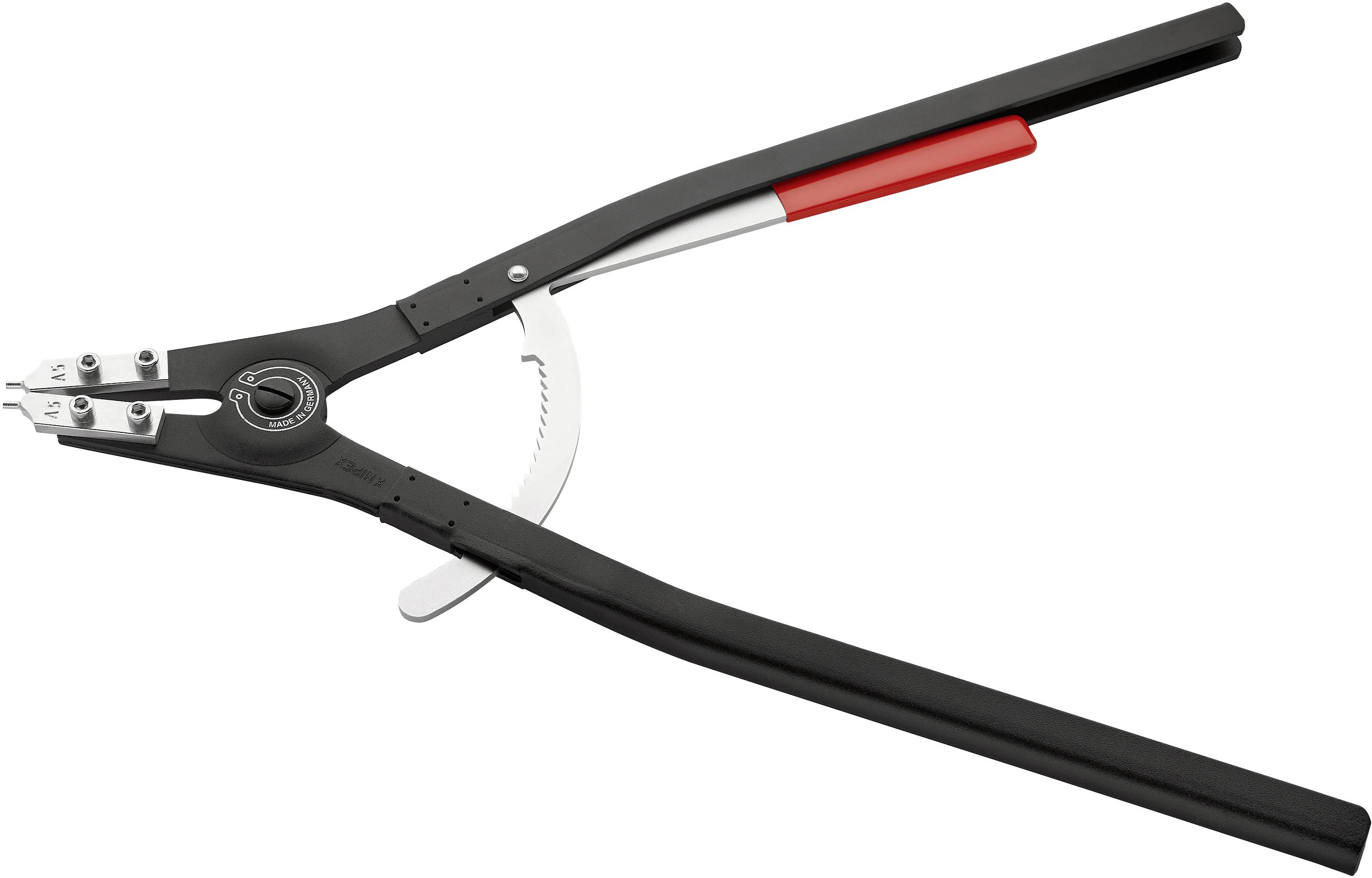 Circlip pliers with black handles and red accents, suitable for inserting and removing circlips.