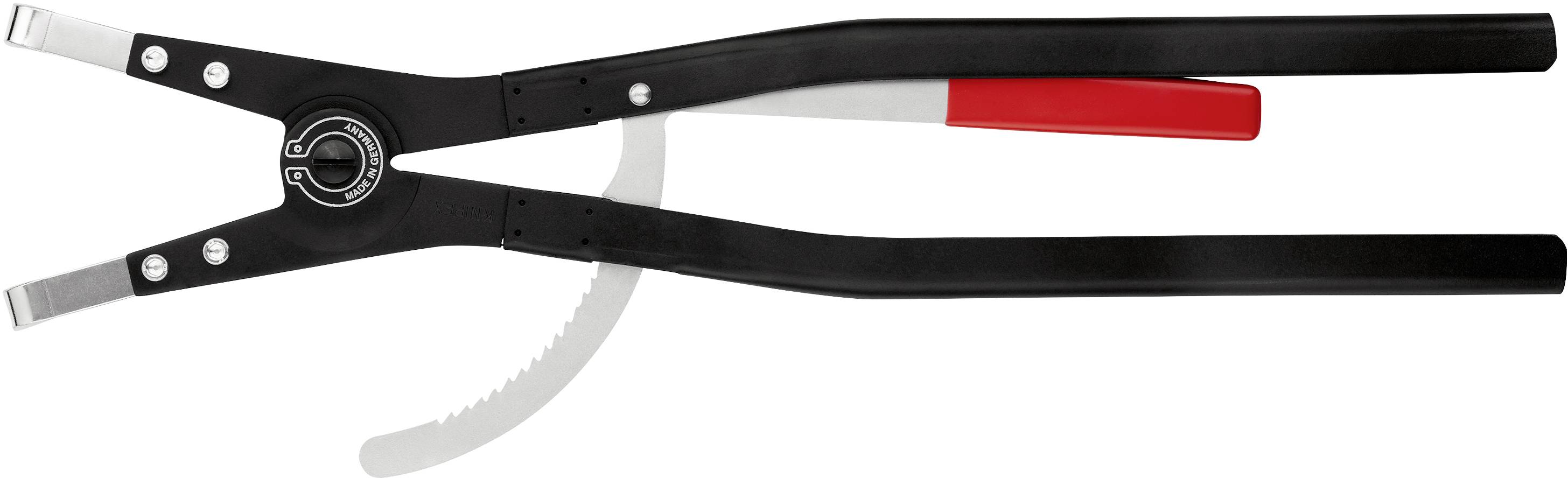 Black pliers with a red handle, suitable for gripping and securing materials, with a visibly adjustable mechanism.