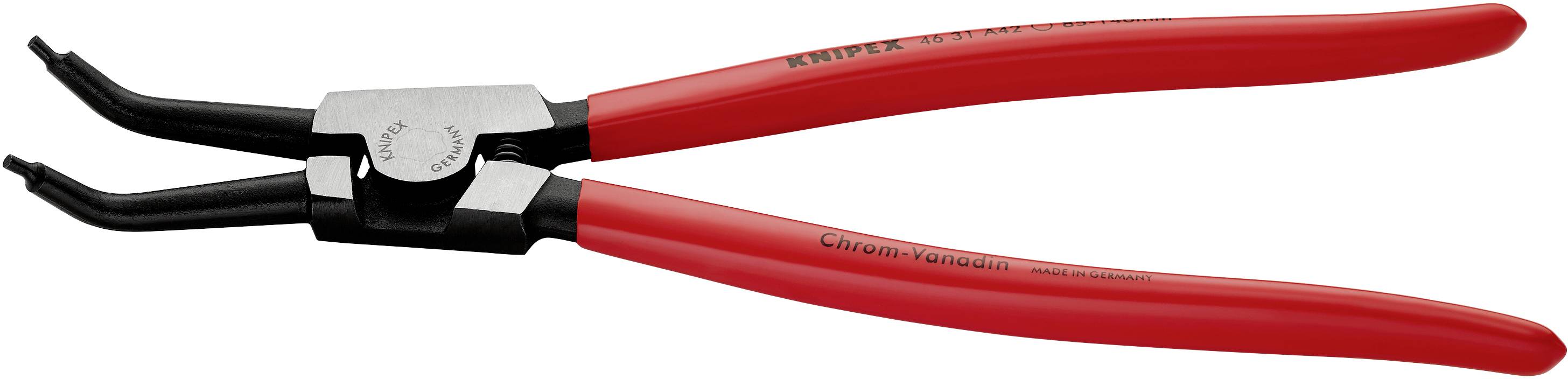 Red circlip pliers with curved tips, suitable for installing and removing circlips in mechanical applications.