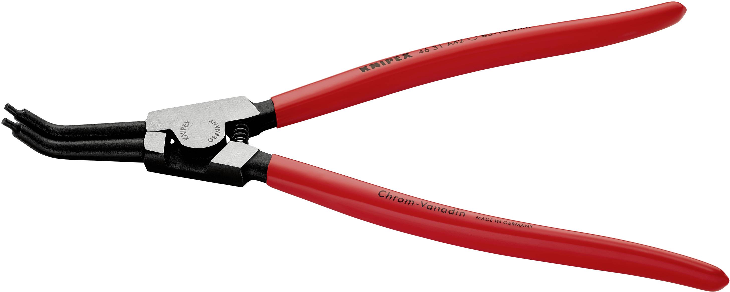 Red split ring pliers with angled tips and a black head, on a white background. Suitable for holding and positioning split rings.