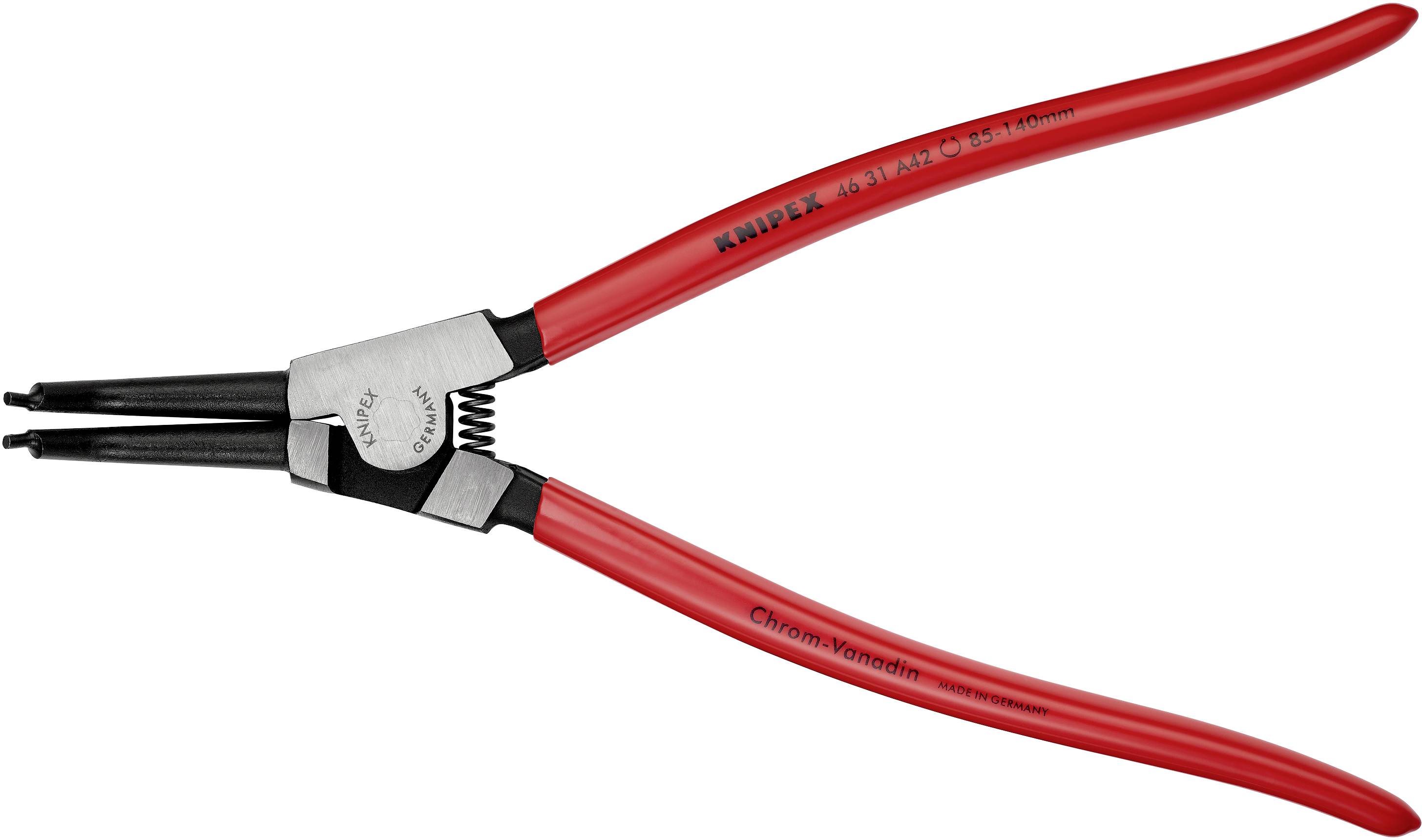 A red circlip pliers with curved tips, suitable for gripping and holding retaining rings.