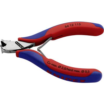 A red and blue Knipex pliers with the inscription 'Cu max. Ø 2.0/hard max. Ø 0.5'. Manufactured in Germany, model number 64 12 115.