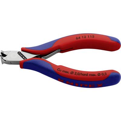 Side cutters with blue and red handles, Knipex logo. Model number 64 12 115, suitable for hard wires up to 2 mm diameter.