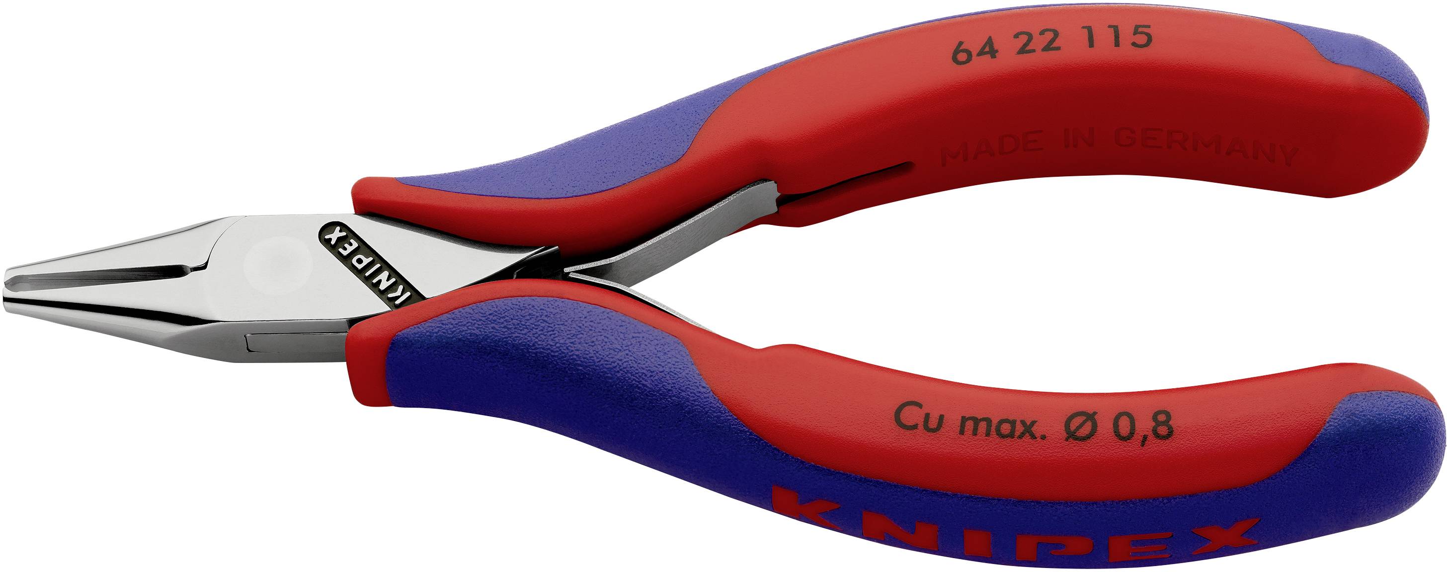 Small side cutter tool with red and blue handles, suitable for cutting copper wire with a maximum diameter of 0.8 mm.