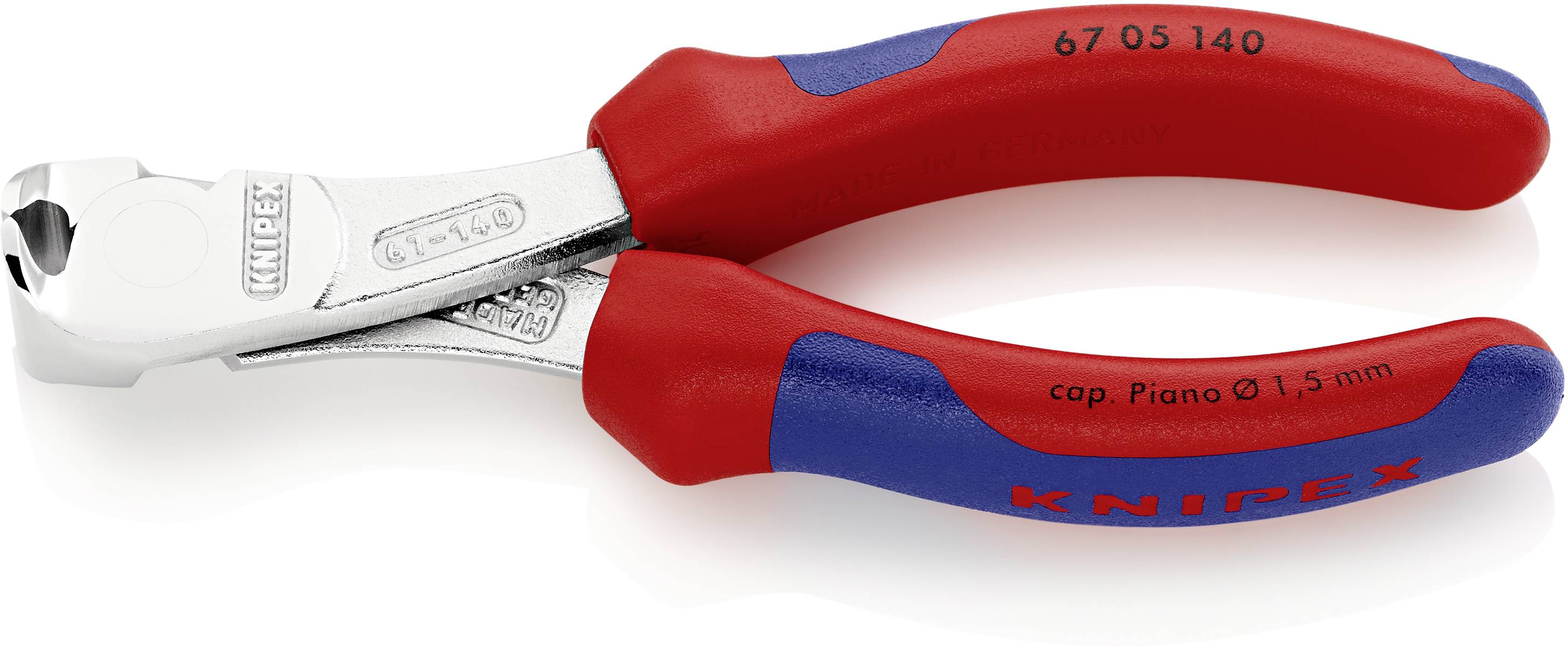 Pliers with red and blue handles, identifiable by the 'KNIPEX' brand, suitable for cutting wire up to 1.5 mm.