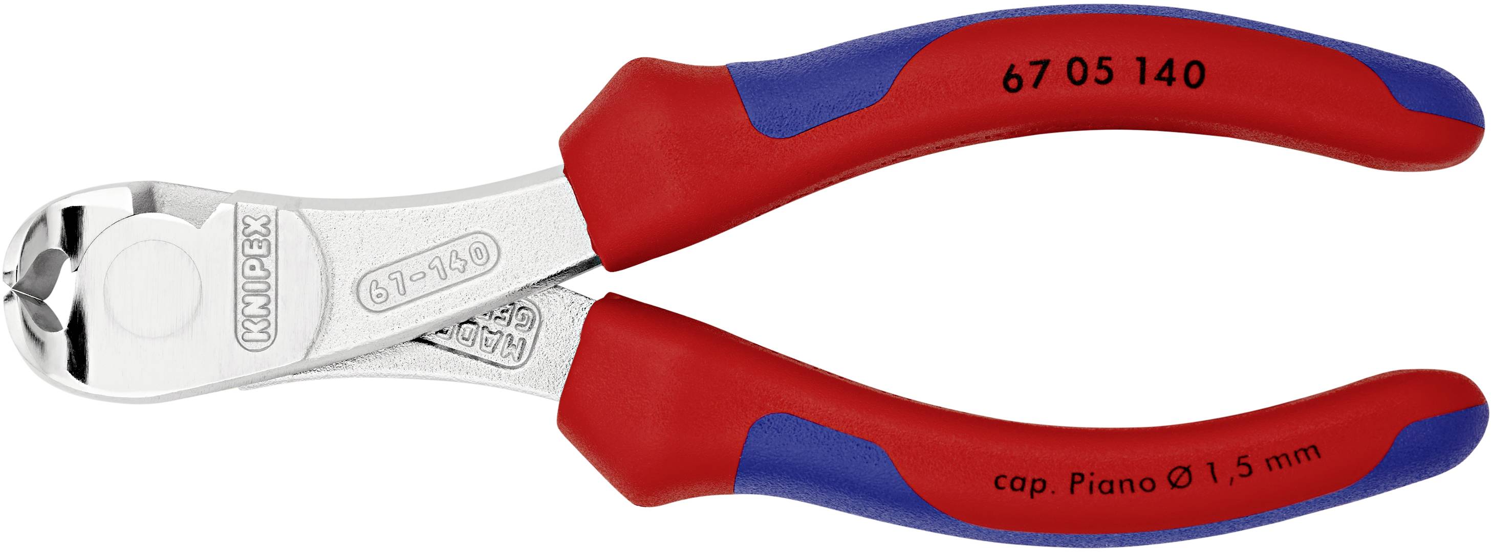 Side cutters with red and blue handle, suitable for piano wire up to 1.5 mm diameter.