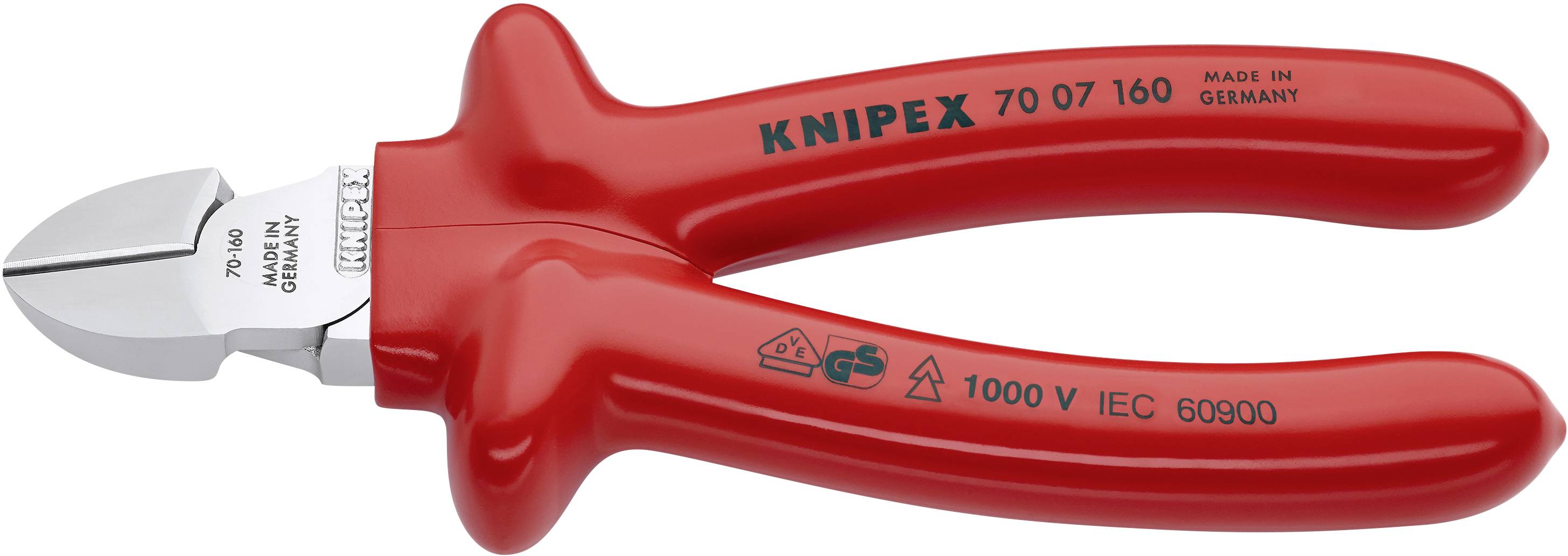 Red side-cutting pliers by Knipex, model 70 07 160, with inscription 'Made in Germany' and '1000 V IEC 60900'.