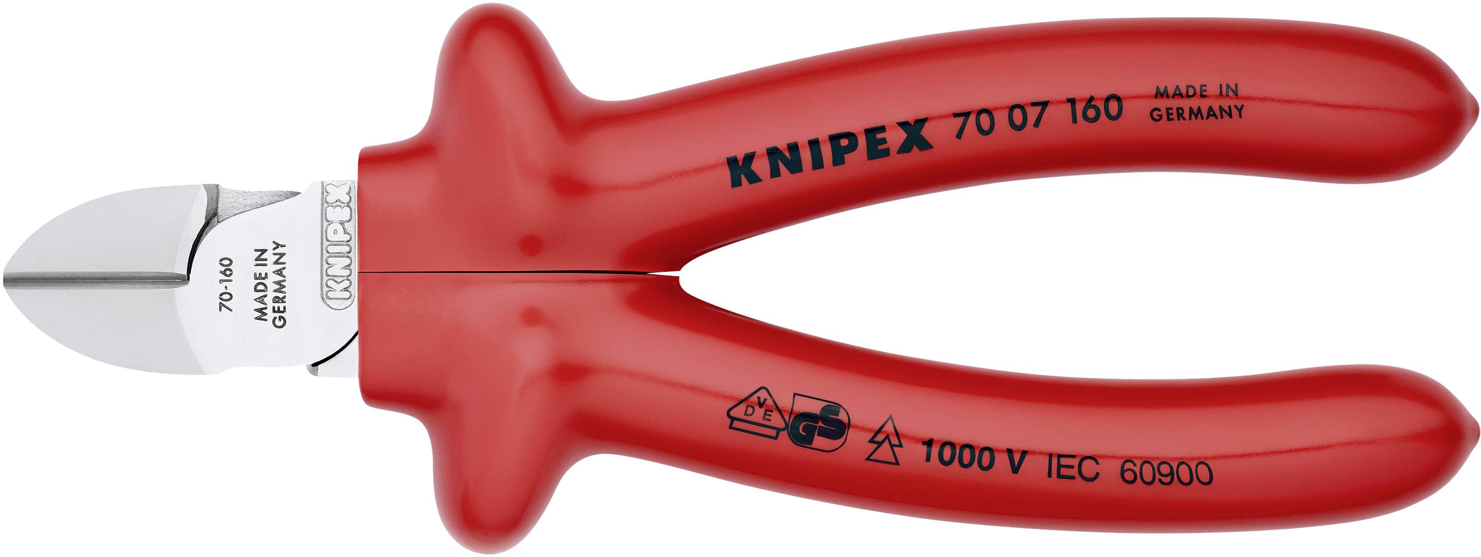 A red Knipex side-cutting pliers with insulation up to 1000V in accordance with IEC 60900 standard, manufactured in Germany.