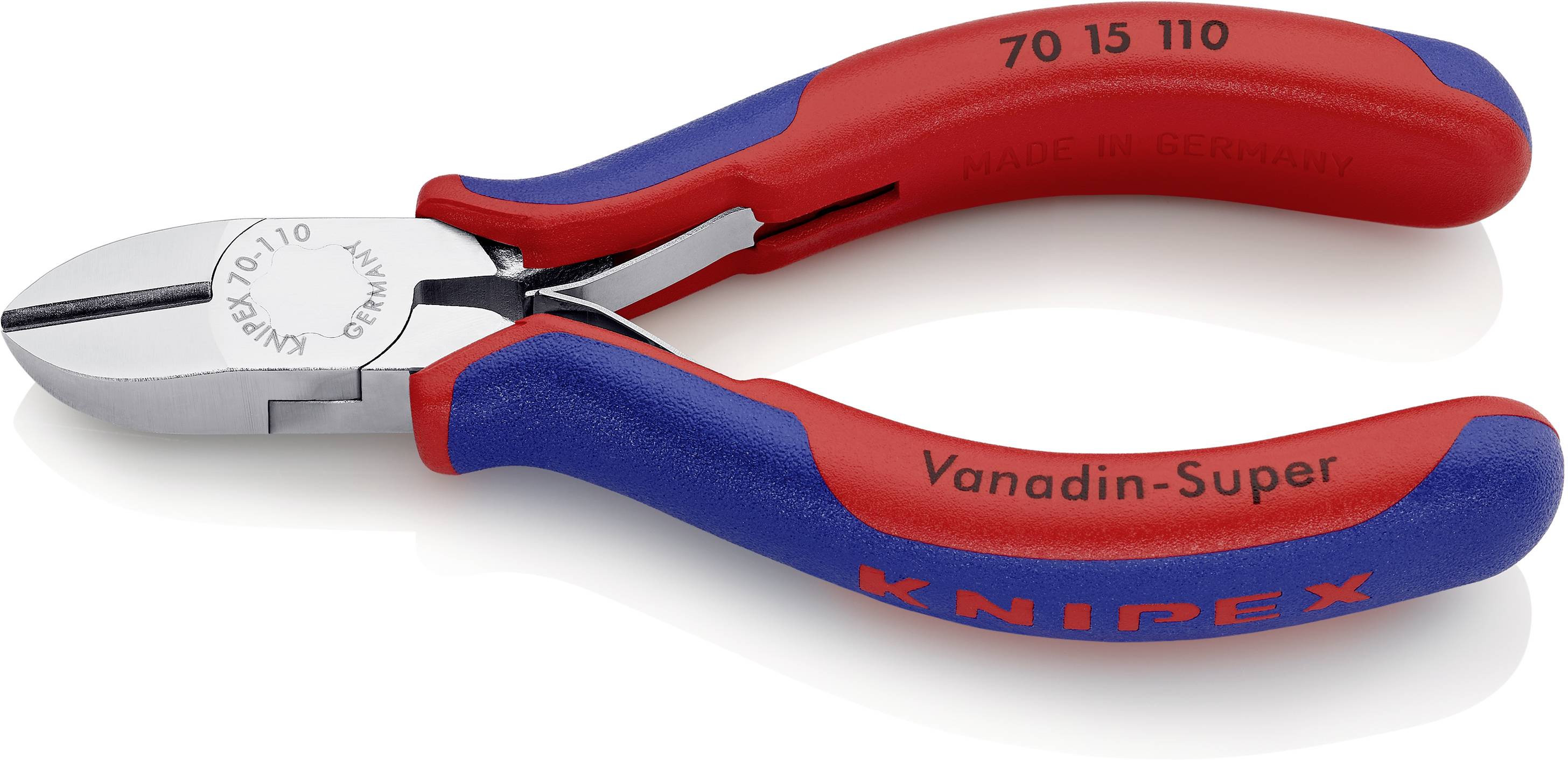 Side cutters with red and blue handles, manufactured by Knipex. Model number: 70 15 110. Used for precise wire cutting.