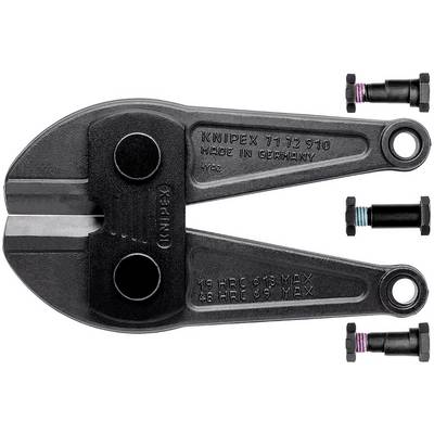 Cutting head of a bolt cutter with two black and one blue screw. Inscription 'Knipex' and technical specifications.