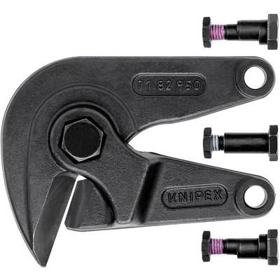 Black cutting tool, similar to a hydraulic shears, with three different bolts positioned to the right beside it.
