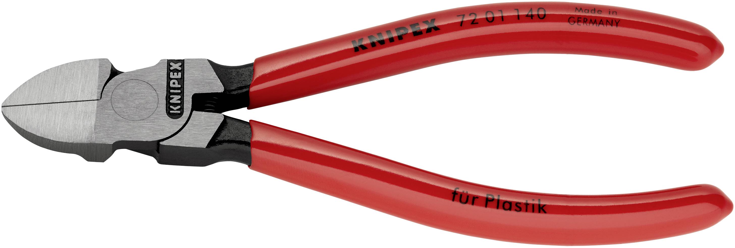 Side cutters with red handles and silver metal blade, suitable for cutting plastic. Marked 'Knipex'.