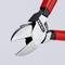 Red side-cutting pliers with black handle against a grey background, manufactured by Knipex, suitable for cutting wires.