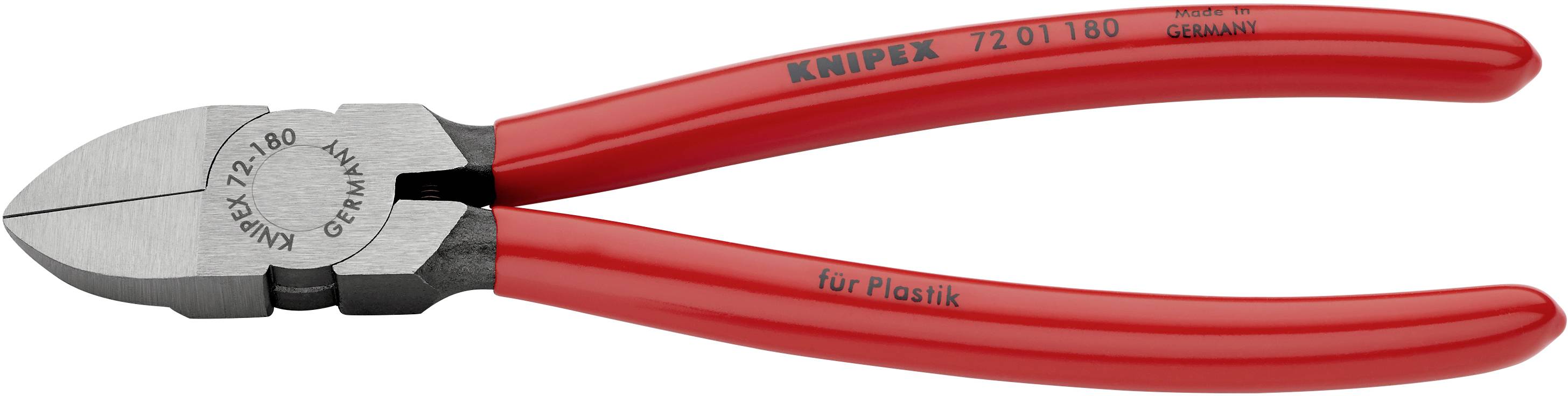 Red cutting pliers with silver steel blades, 'Knipex 72 01 160' marked on handle. Suitable for plastics. Made in Germany.