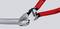 Red pliers cutting a white cable. Focus is on the precise cutting action of the pliers in a close-up shot.
