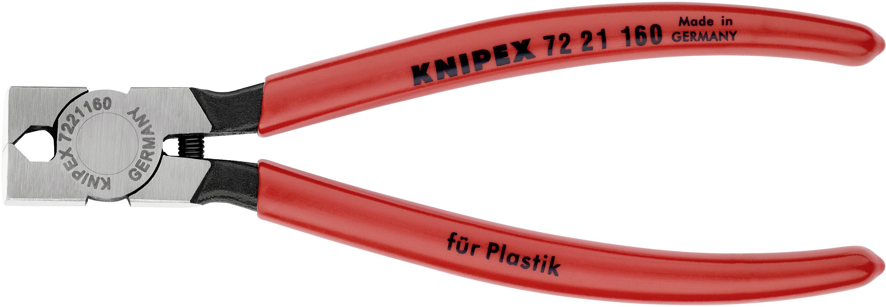 Red KNIPEX plastic cutting pliers with 'for plastic' label, length: 160 mm, manufactured in Germany.