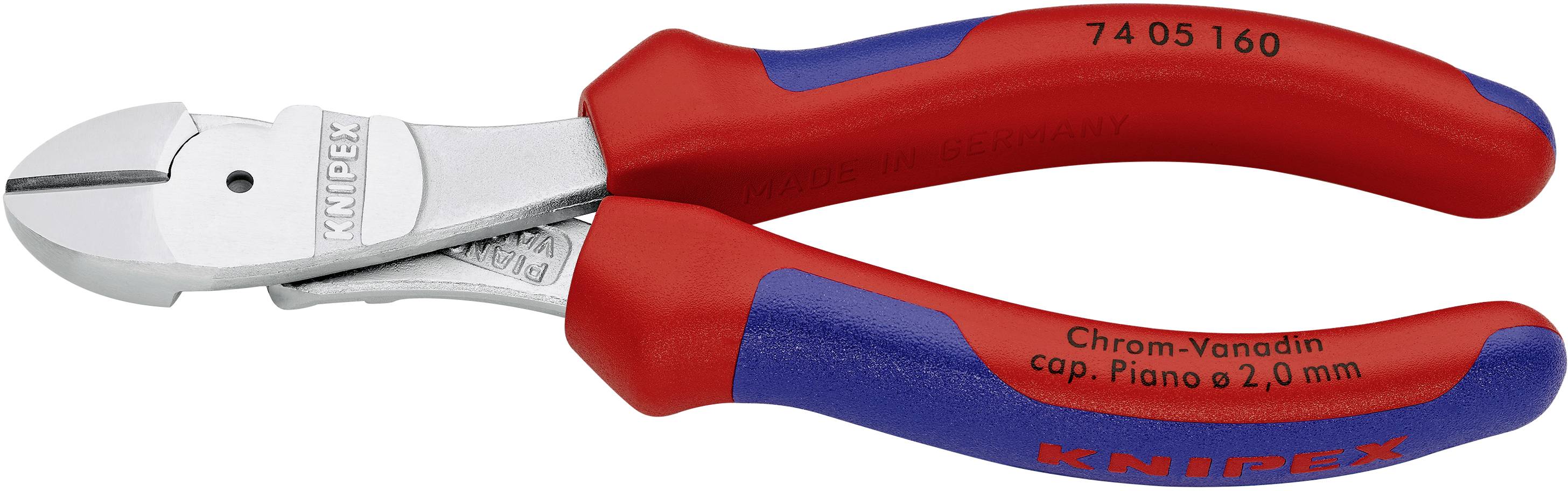 Red and blue Knipex side cutting pliers, suitable for piano wire up to 2.0 mm. Stainless steel blade, article number 74 05 160.