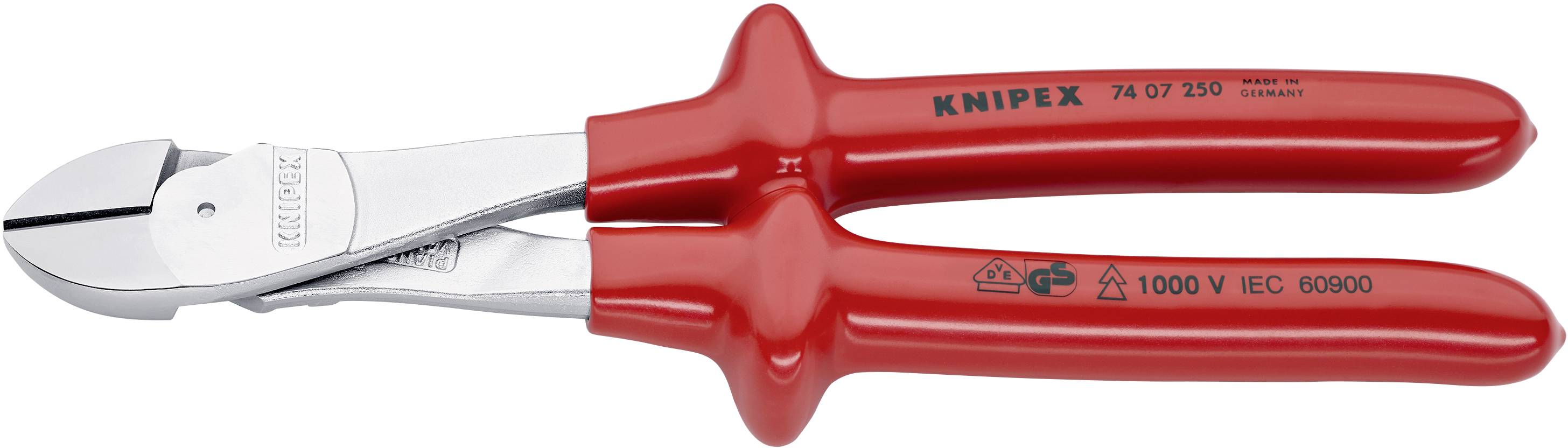 Pliers with red insulated handles, suitable for work up to 1000 V. Embossed brand and model specifications on the handle.