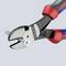 A combination pliers cuts a screw. The pliers' handle is ergonomically designed and coloured in red and blue.