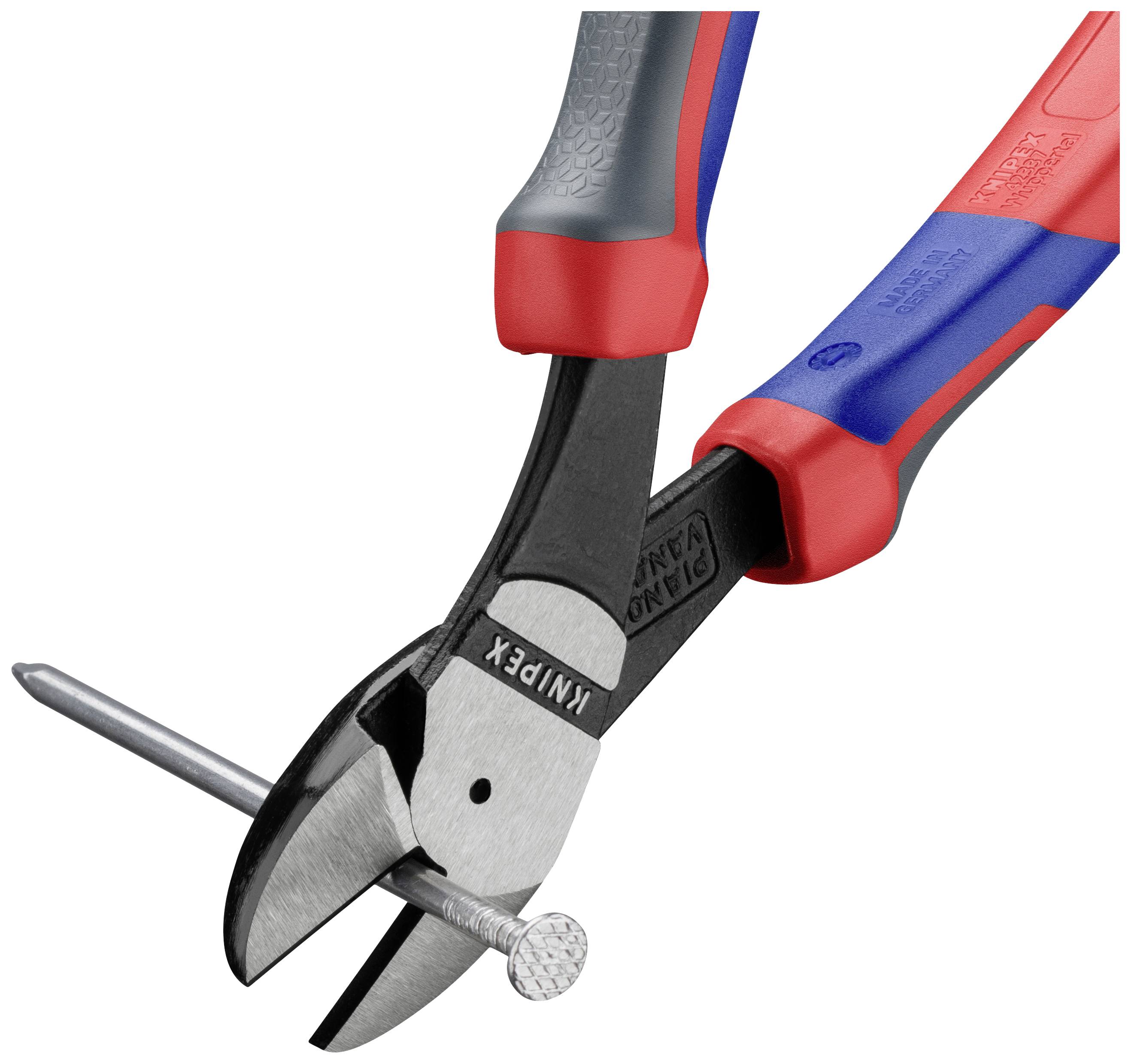 A pliers precisely shortens a nail. The handles are red and blue, the tool black.