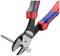 A pliers precisely shortens a nail. The handles are red and blue, the tool black.